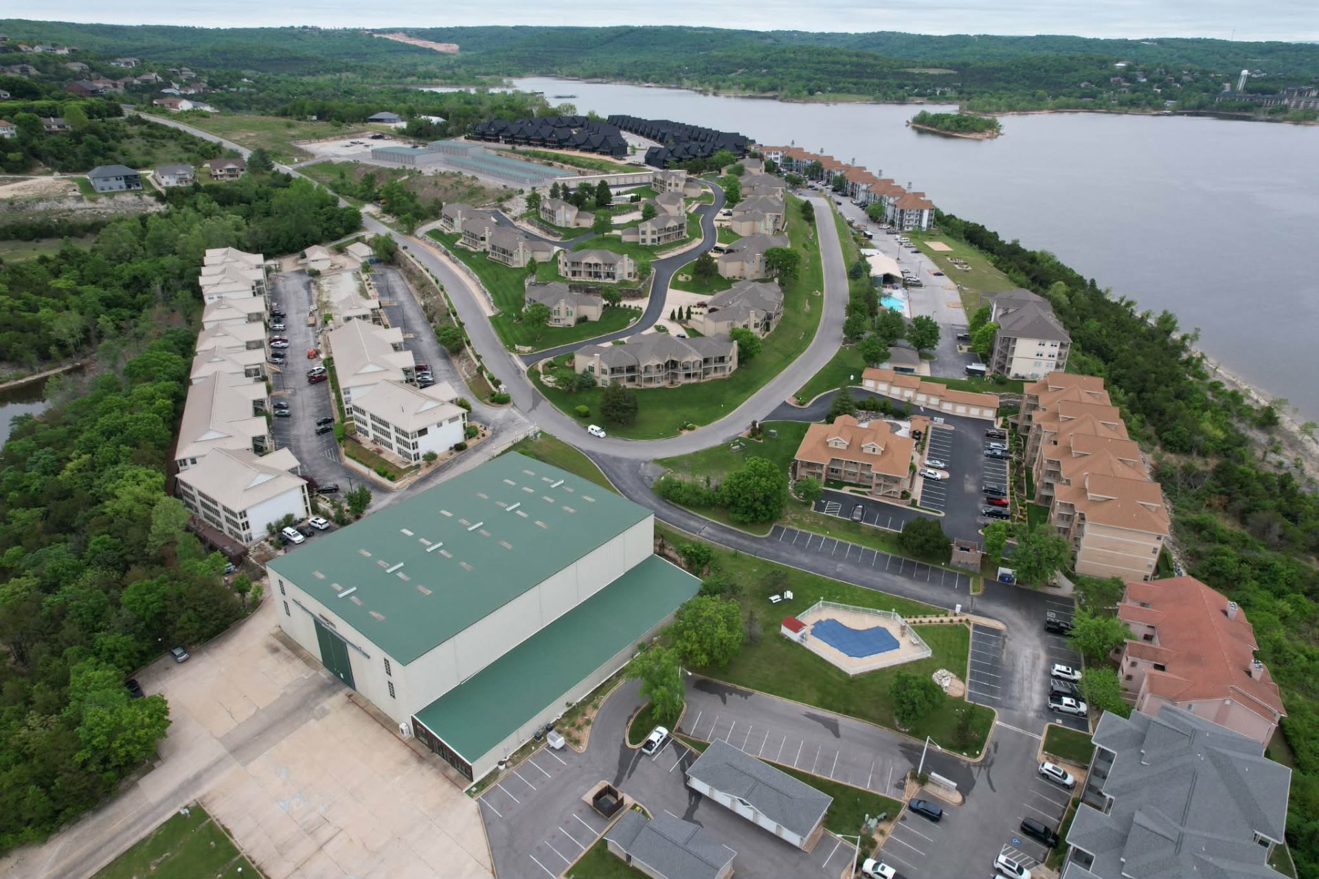 Aerial view of the lakefront community and surrounding area